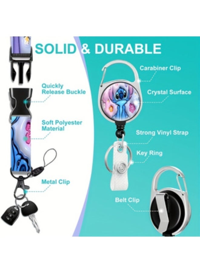 Disney Three-in-one Disney blue flower Stitch logo plastic ID holder with lanyard, retractable ID roll, keychain and extension chain - suitable for workers, students, bus drivers, doctors, nurses, etc. - Image 4